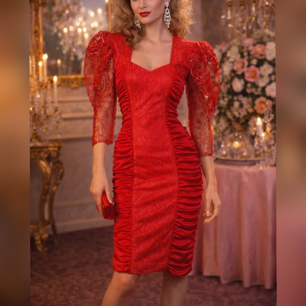Mayvens Vintage 80s 90s Red Sequin Lace Ruched Sexy Party Prom Dress sz 7